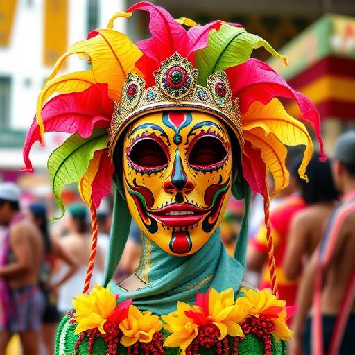 Camiseta com motivos carnavalescos e cores vibrantes